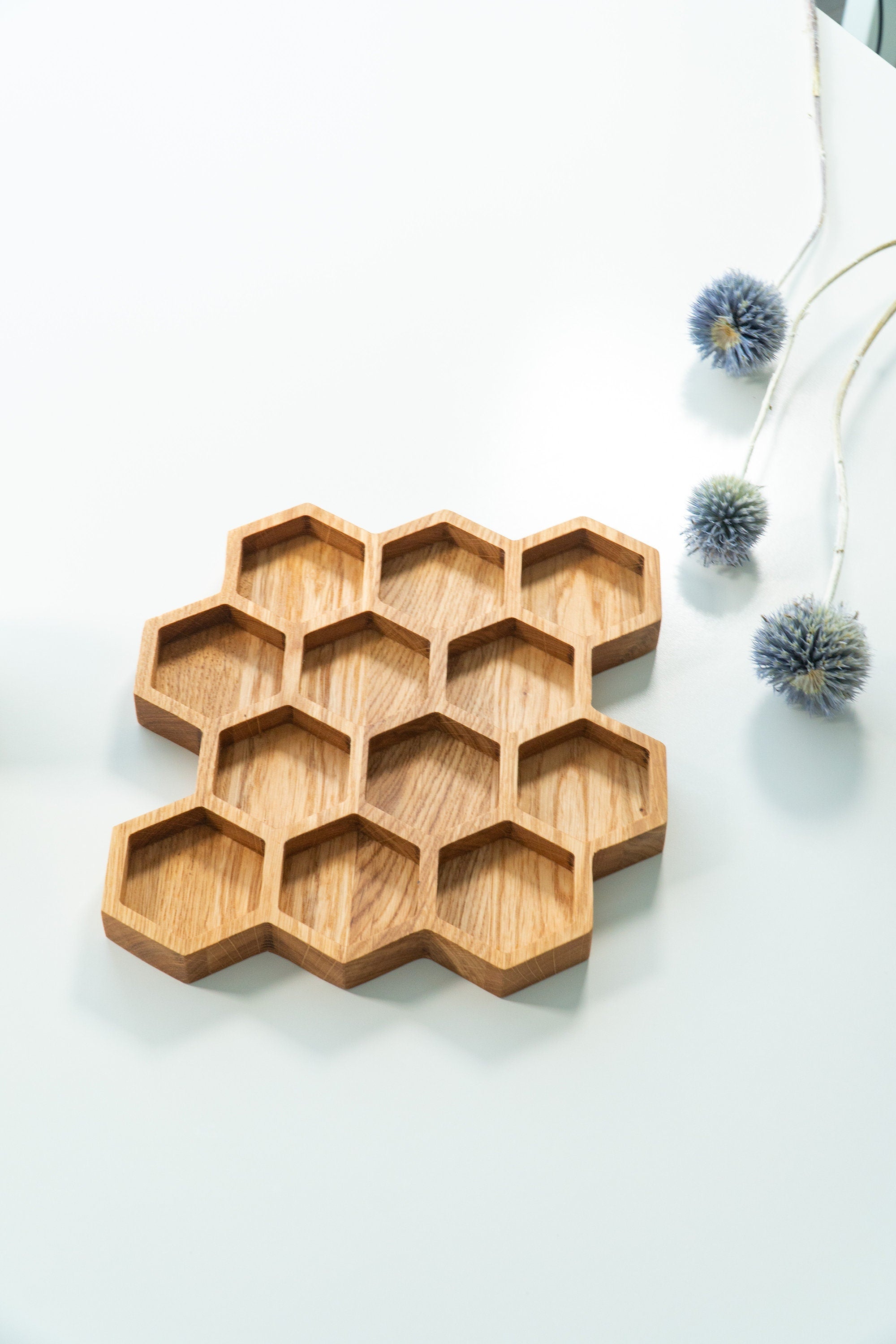 Hexagon Oak Tray – Honeycomb Organizer with 12 Compartments