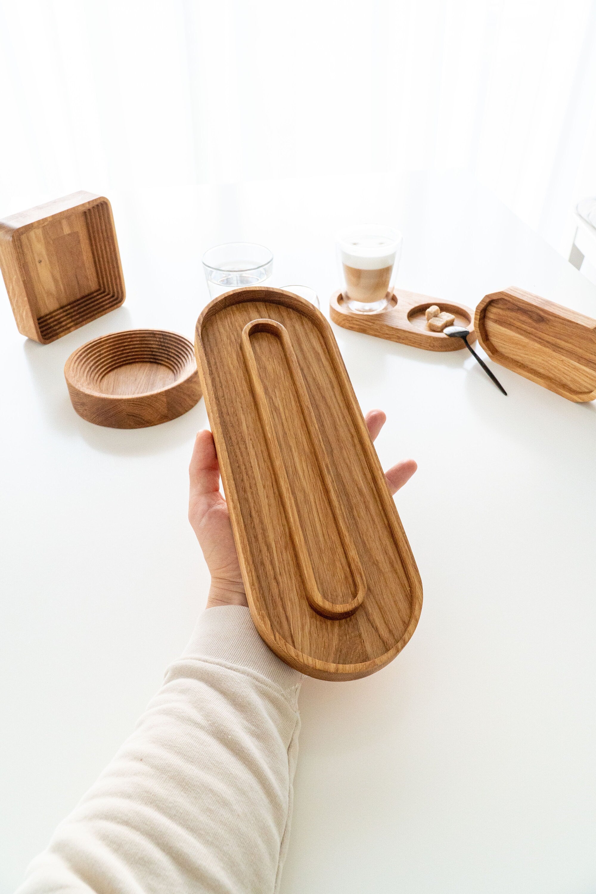 Oval Oak wood serving Tray Board Plate Natural 15 x 35 cm  jewelry tray with modern design | valet tray organizer | wood coaster