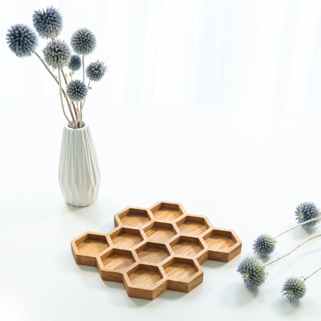 Hexagon Oak Tray – Honeycomb Organizer with 12 Compartments