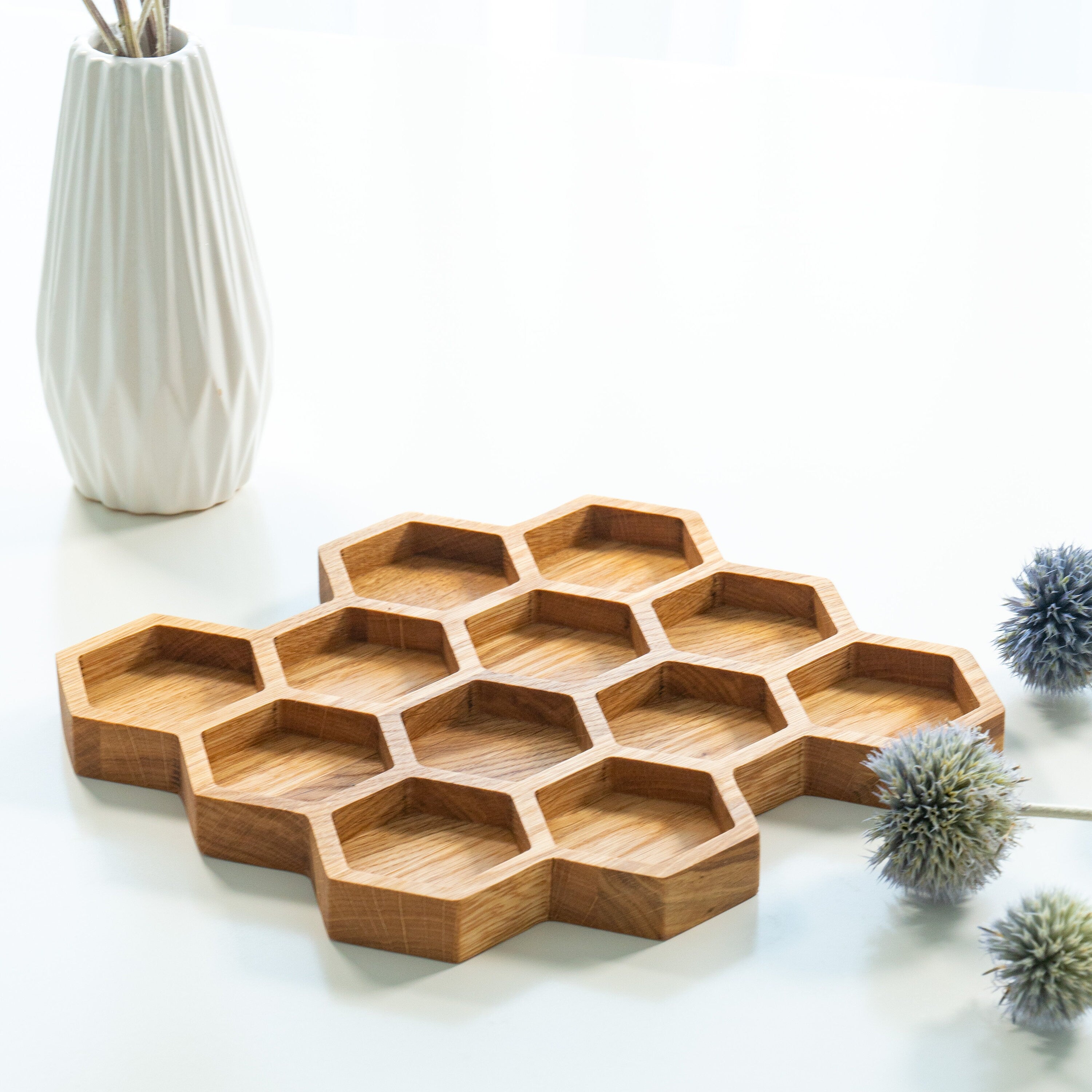 Hexagon Oak Tray – Honeycomb Organizer with 12 Compartments