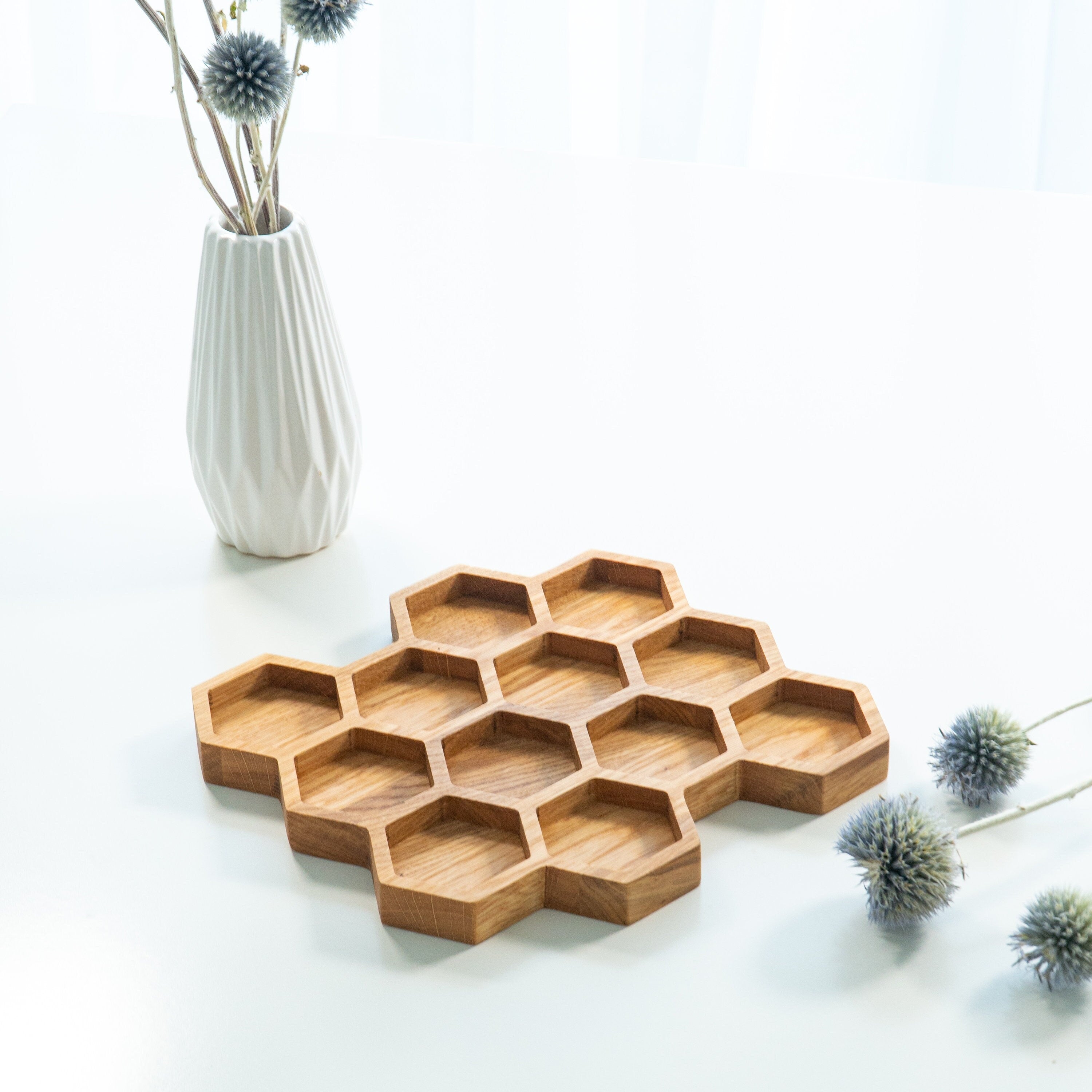 Hexagon Oak Tray – Honeycomb Organizer with 12 Compartments