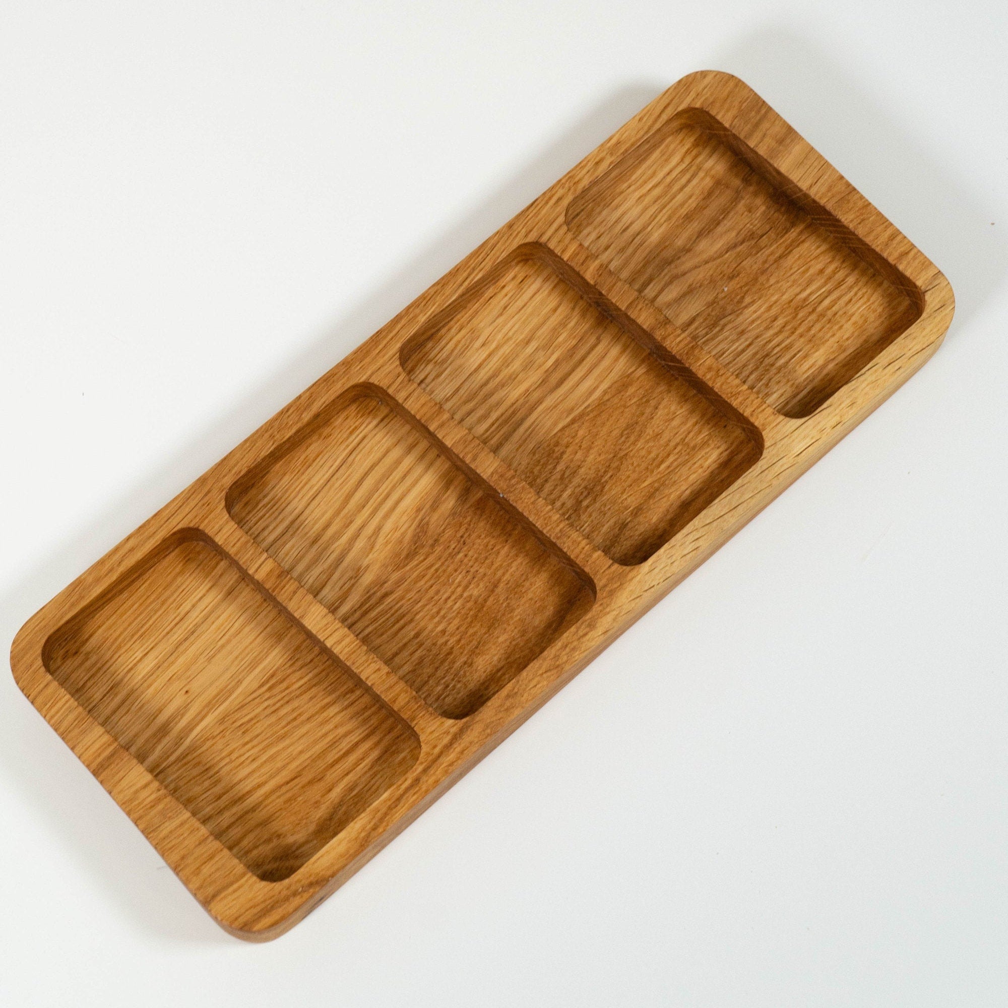 Handmade Oak Wood Desk Organizer: 4-Chamber Wooden Sorting Tray