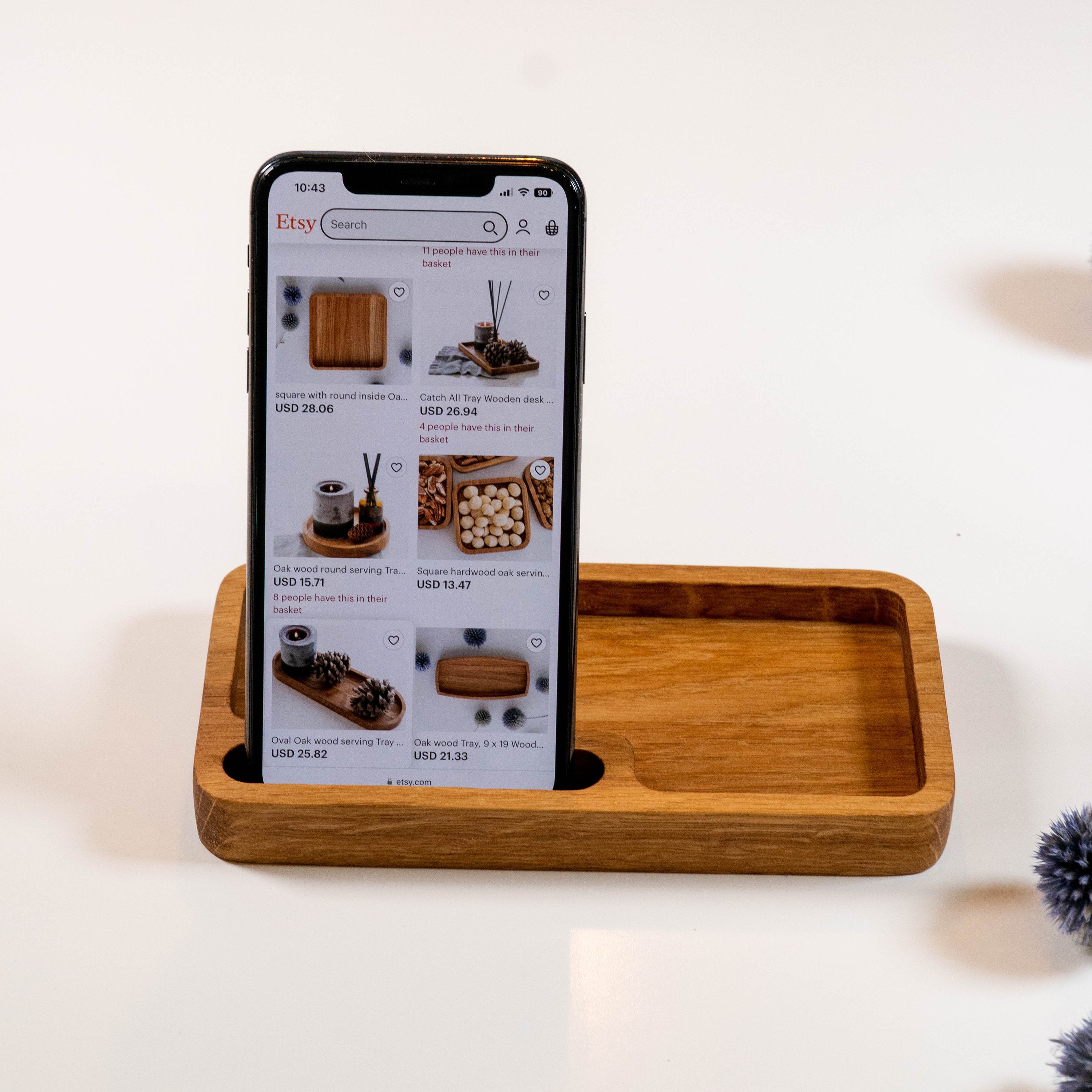 Oak Tray with Phone Stand – Wooden Desk Organizer for Phone, Keys & Essentials