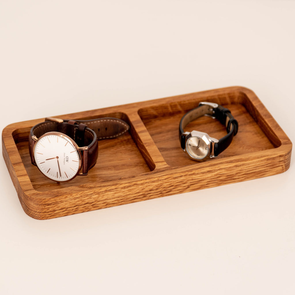 Oak Desk Organizer Tray – Wooden Pen Holder with 2 Compartments