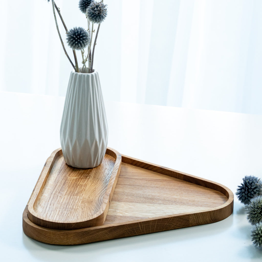 Oak Wood Triangle Tray Set: Modern Coffee Table Decor