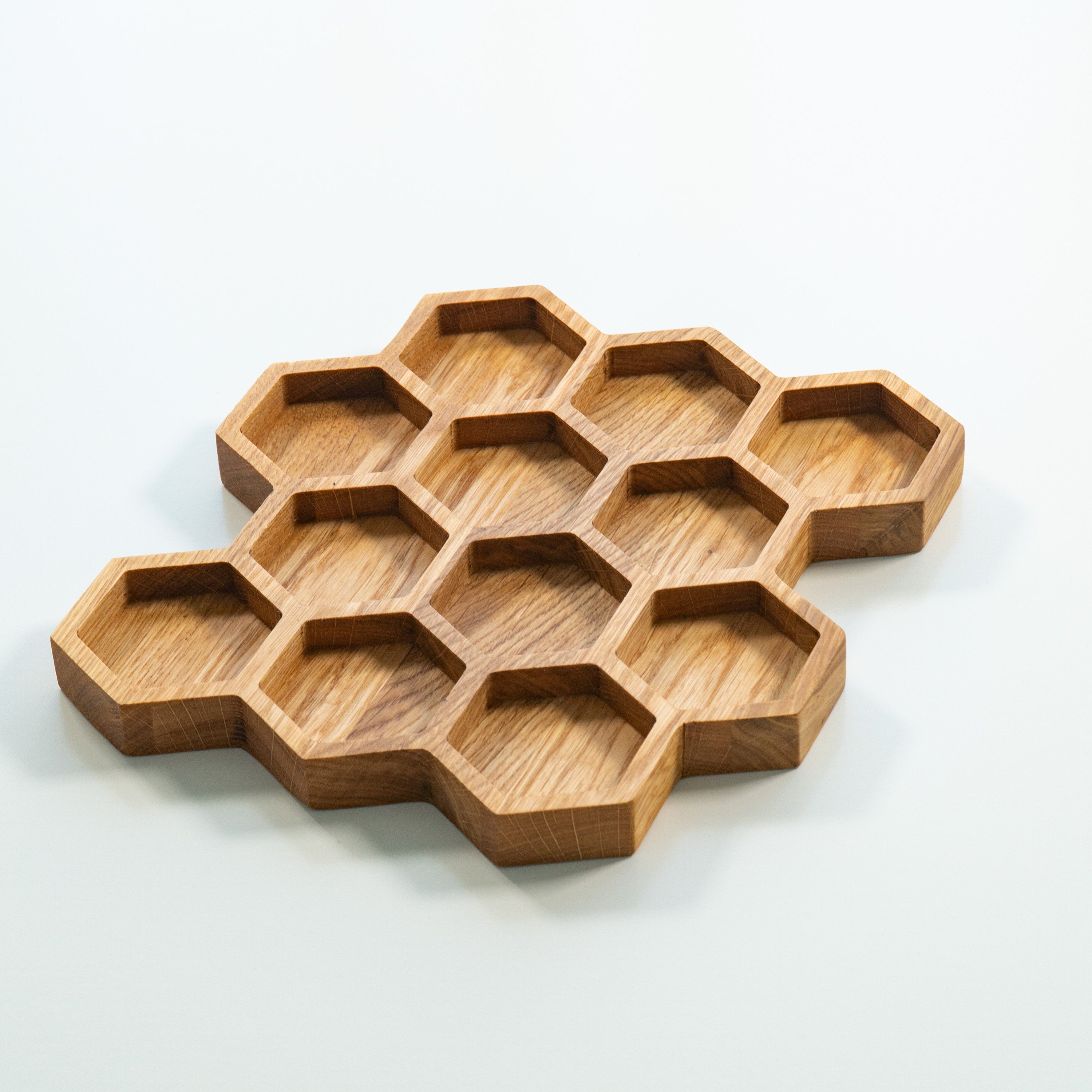 Hexagon Oak Tray – Honeycomb Organizer with 12 Compartments