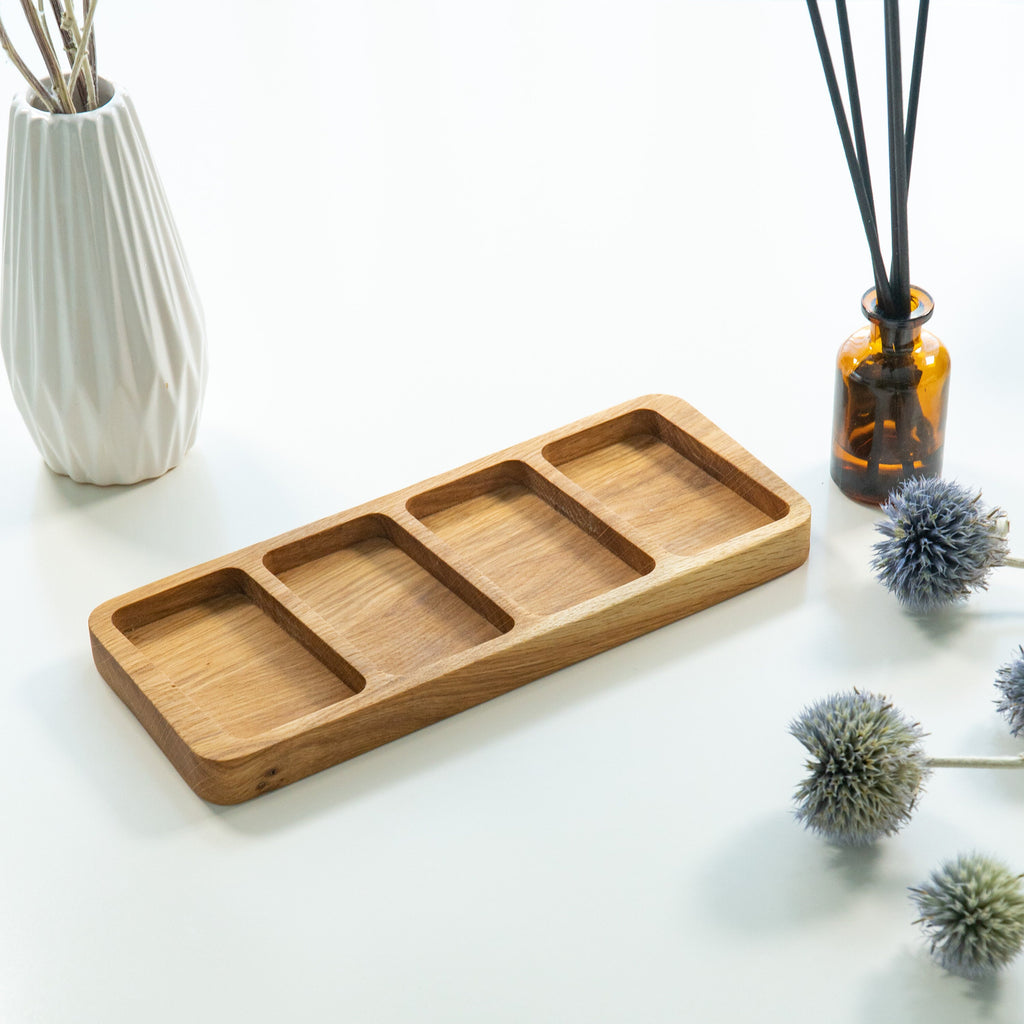 Handmade Oak Wood Desk Organizer: 4-Chamber Wooden Sorting Tray