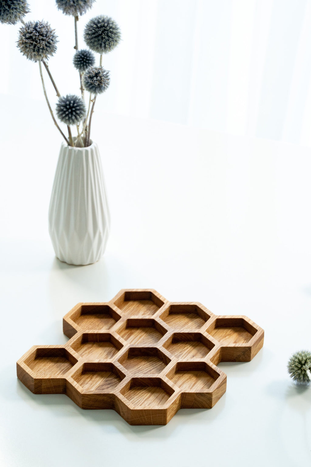 Hexagon Oak Tray – Honeycomb Organizer with 12 Compartments