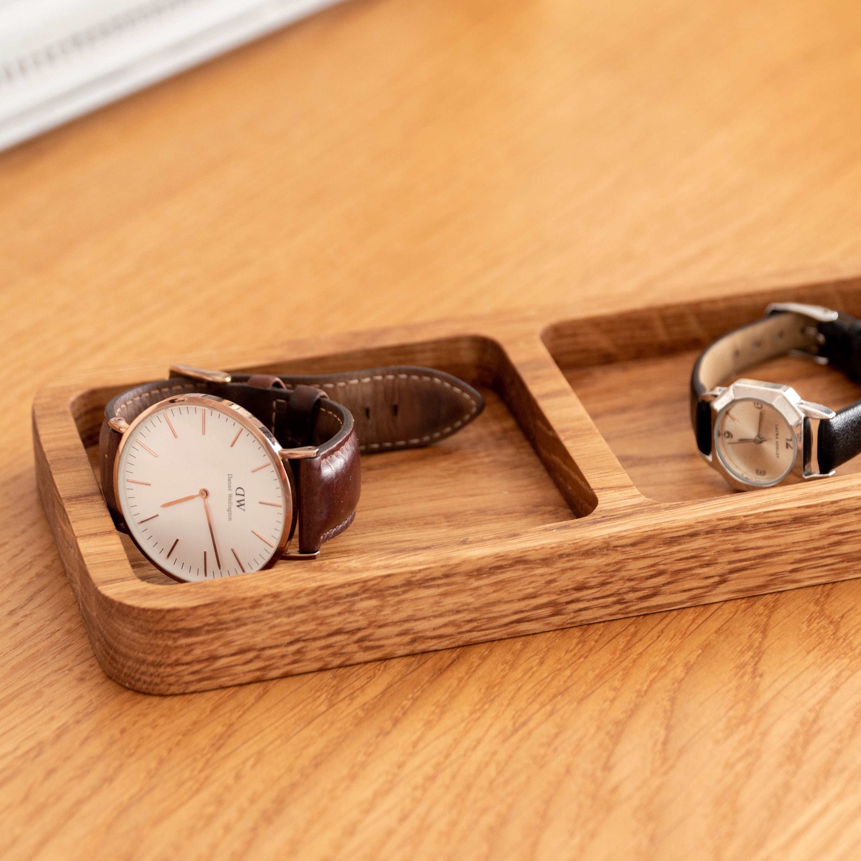 Oak Desk Organizer Tray – Wooden Pen Holder with 2 Compartments