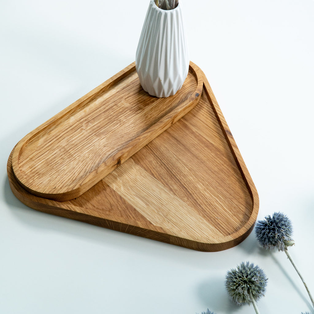 Oak Wood Triangle Tray Set: Modern Coffee Table Decor