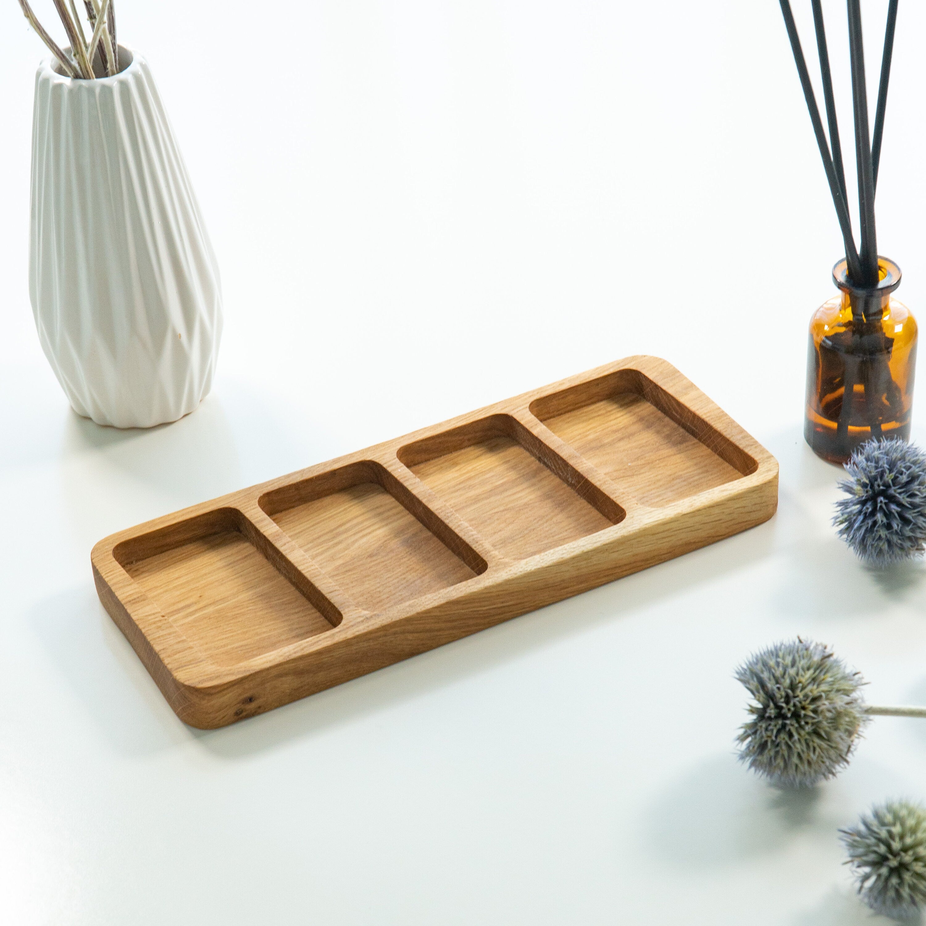 Handmade Oak Wood Desk Organizer: 4-Chamber Wooden Sorting Tray