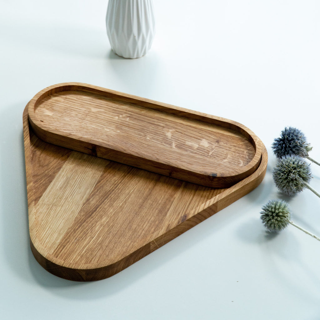 Oak Wood Triangle Tray Set: Modern Coffee Table Decor