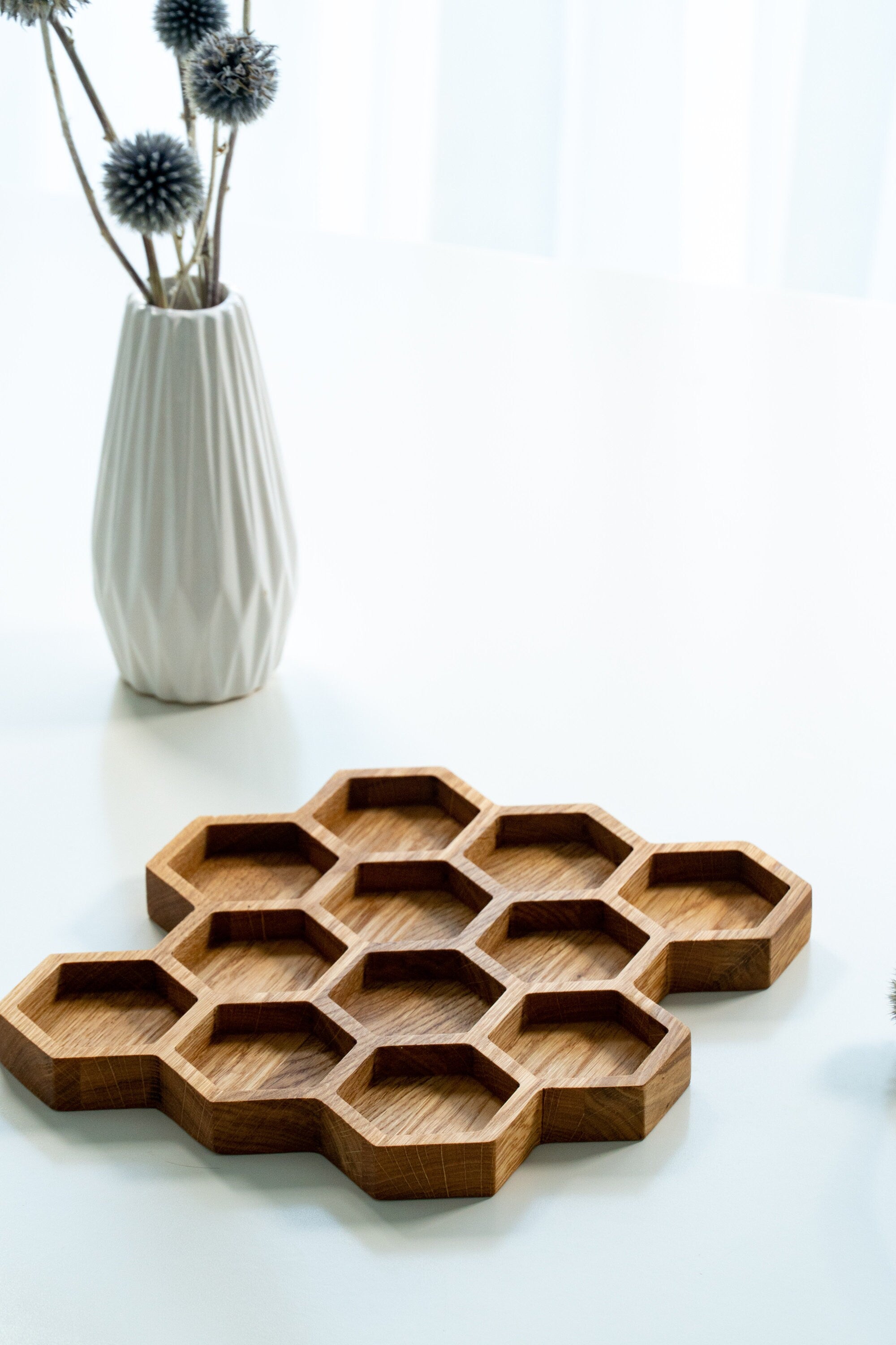 Hexagon Oak Tray – Honeycomb Organizer with 12 Compartments