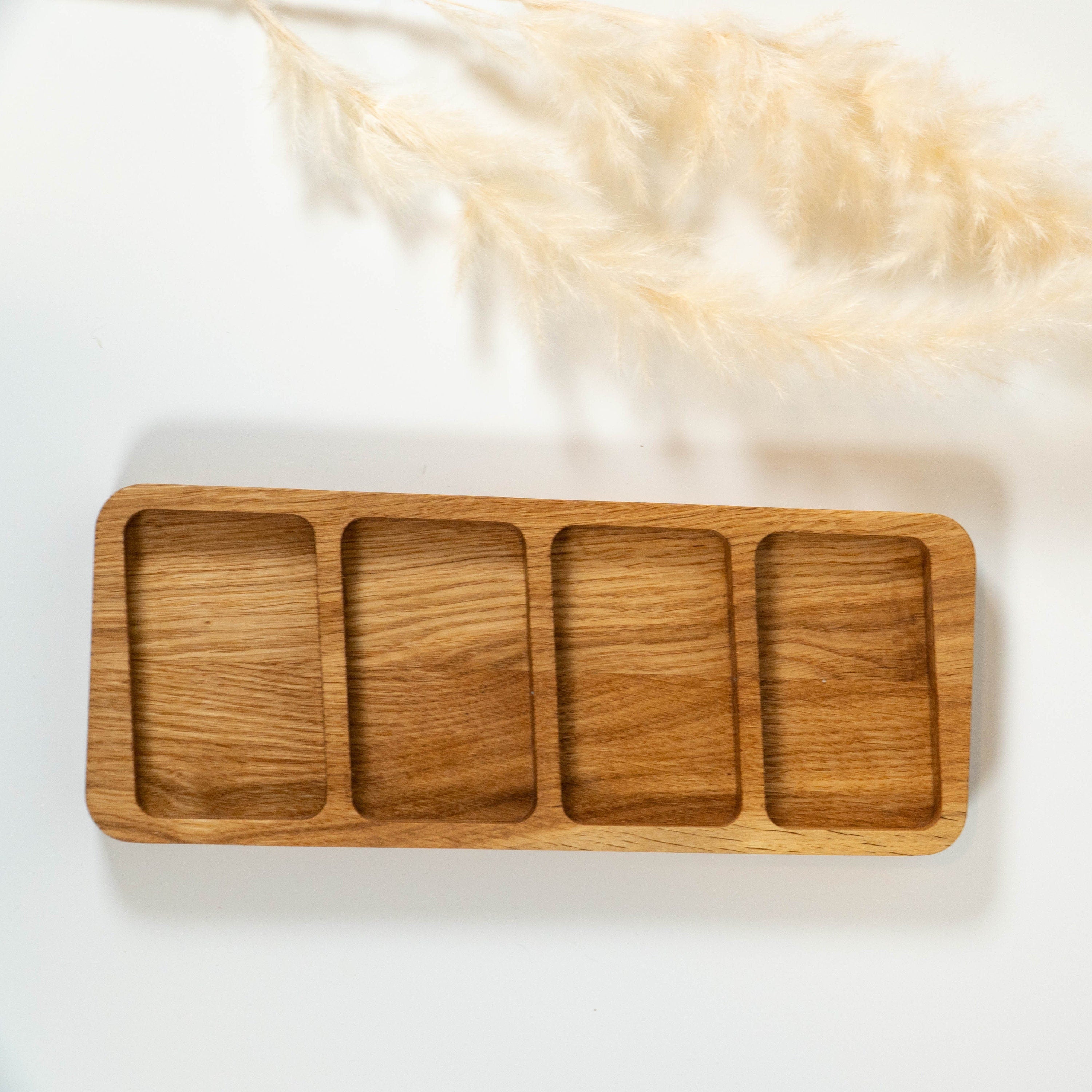 Handmade Oak Wood Desk Organizer: 4-Chamber Wooden Sorting Tray