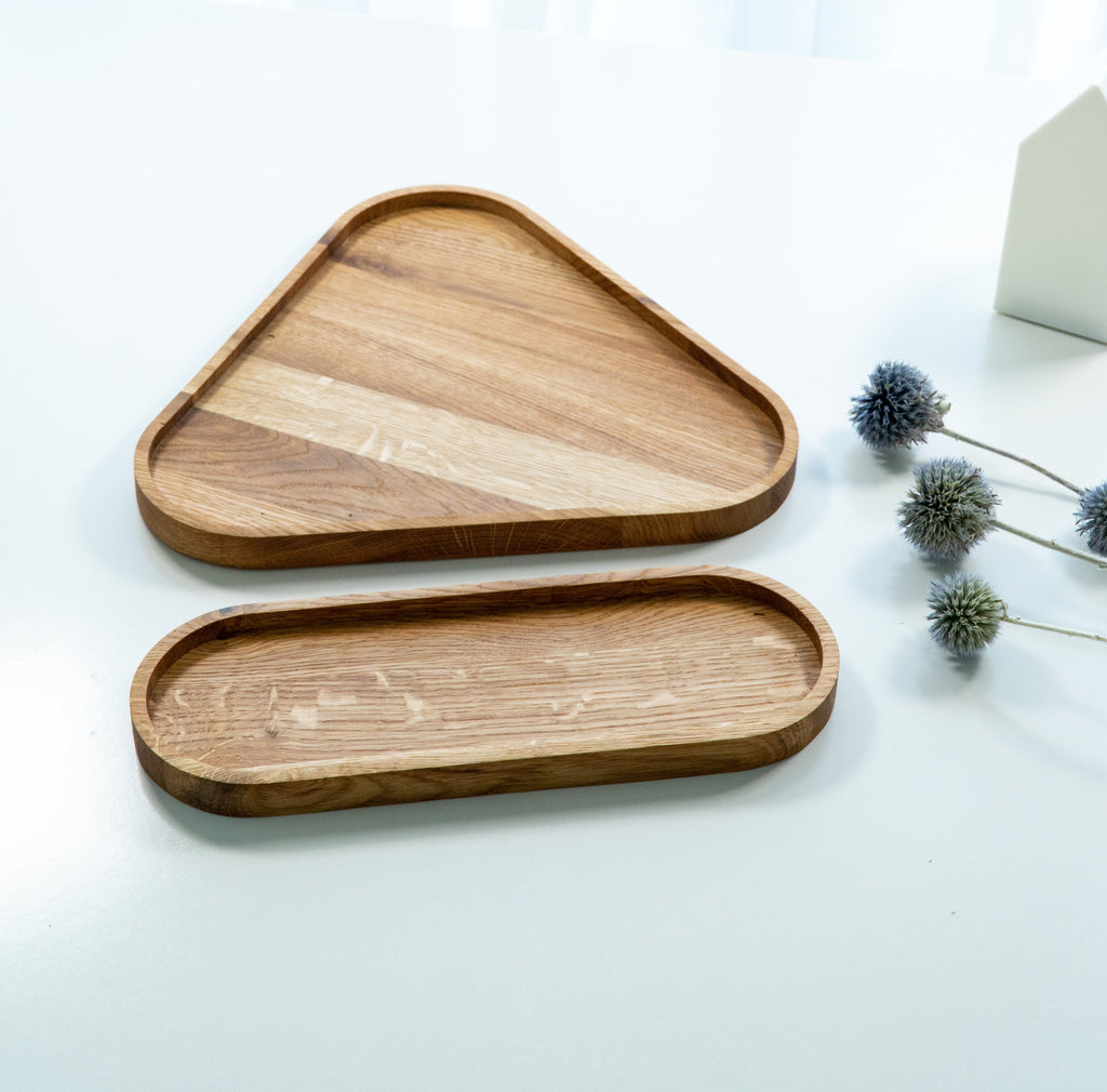 Oak Wood Triangle Tray Set: Modern Coffee Table Decor