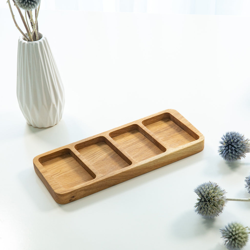 Handmade Oak Wood Desk Organizer: 4-Chamber Wooden Sorting Tray