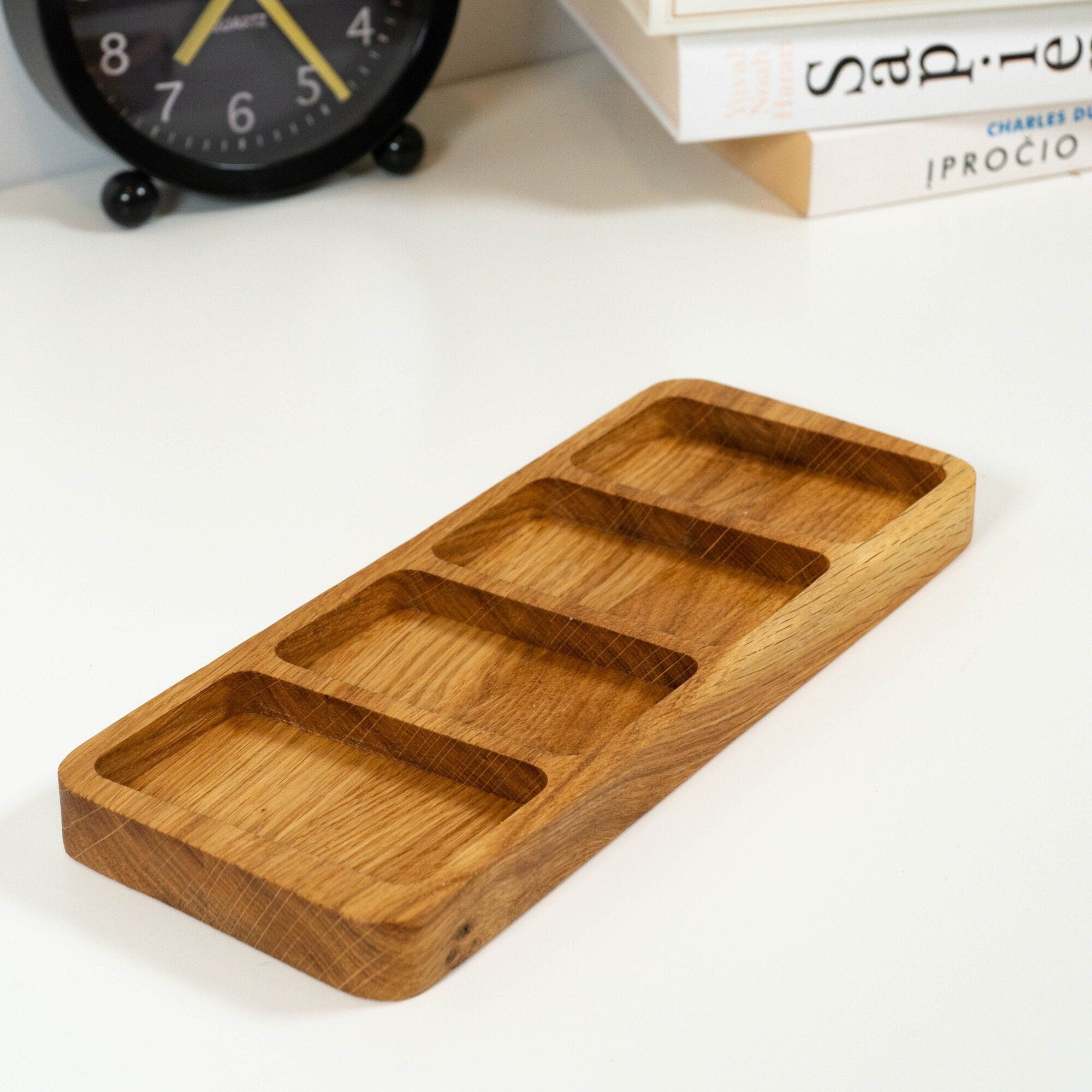 Handmade Oak Wood Desk Organizer: 4-Chamber Wooden Sorting Tray