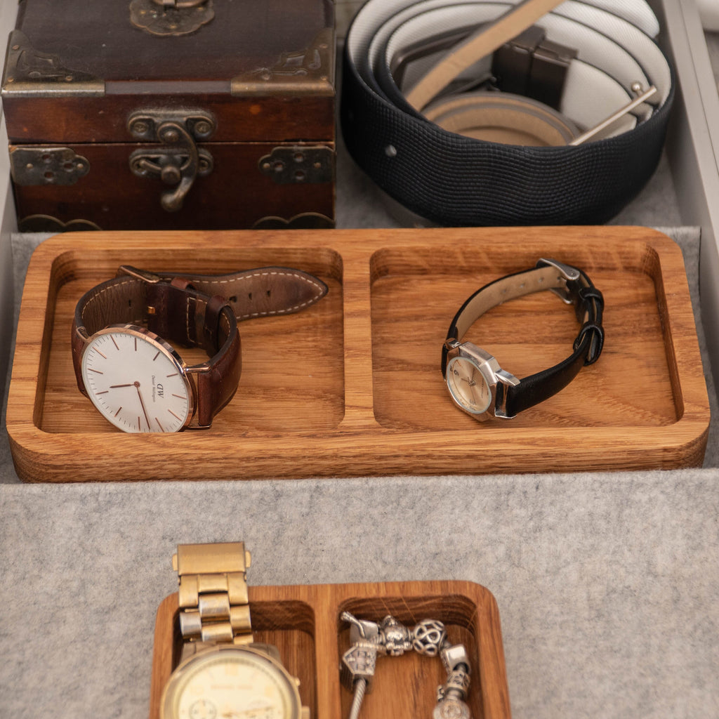 Oak Desk Organizer Tray – Wooden Pen Holder with 2 Compartments