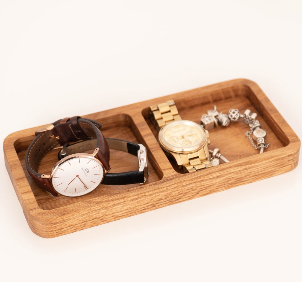 Oak Desk Organizer Tray – Wooden Pen Holder with 2 Compartments