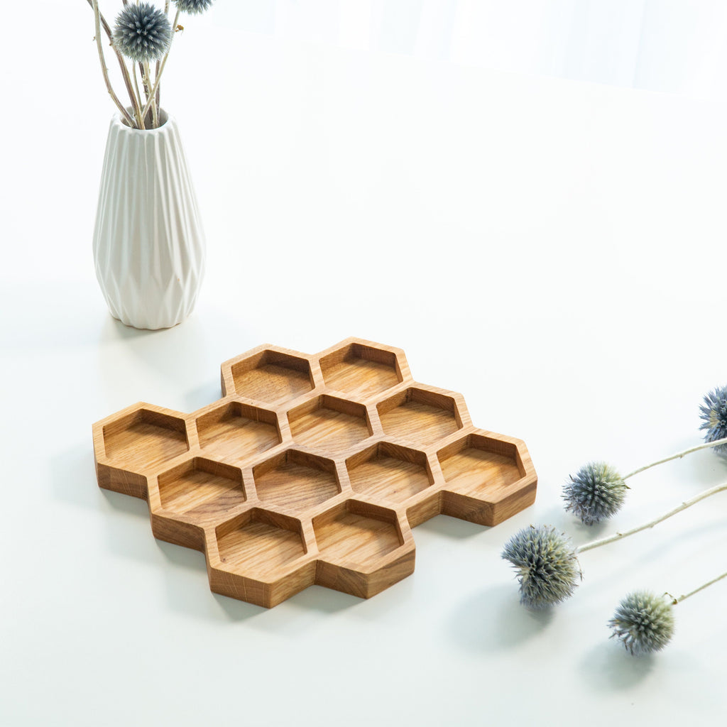 Hexagon Oak Tray – Honeycomb Organizer with 12 Compartments